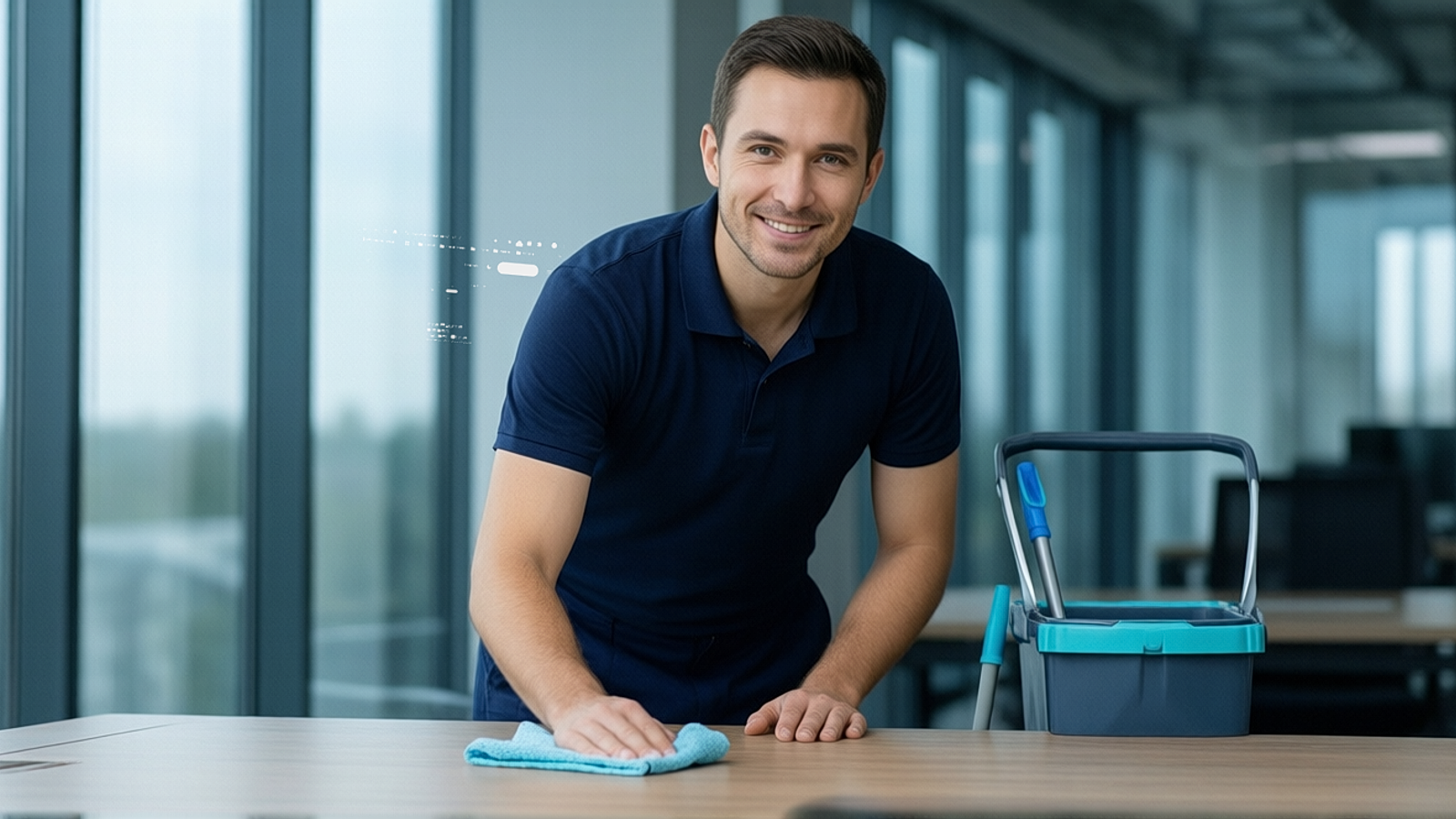 Professionelle Büroreinigung: Reinigungskraft reinigt Glaswand mit Abzieher in moderner deutscher Lobby