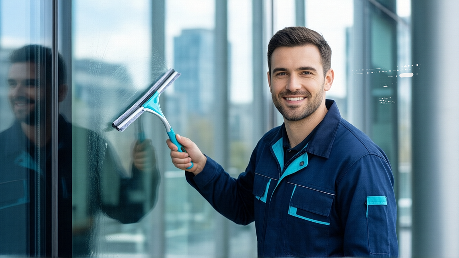 Glasreinigung: Detailaufnahme von Händen mit Professionellem Abzieher an großflächiger Glasfront