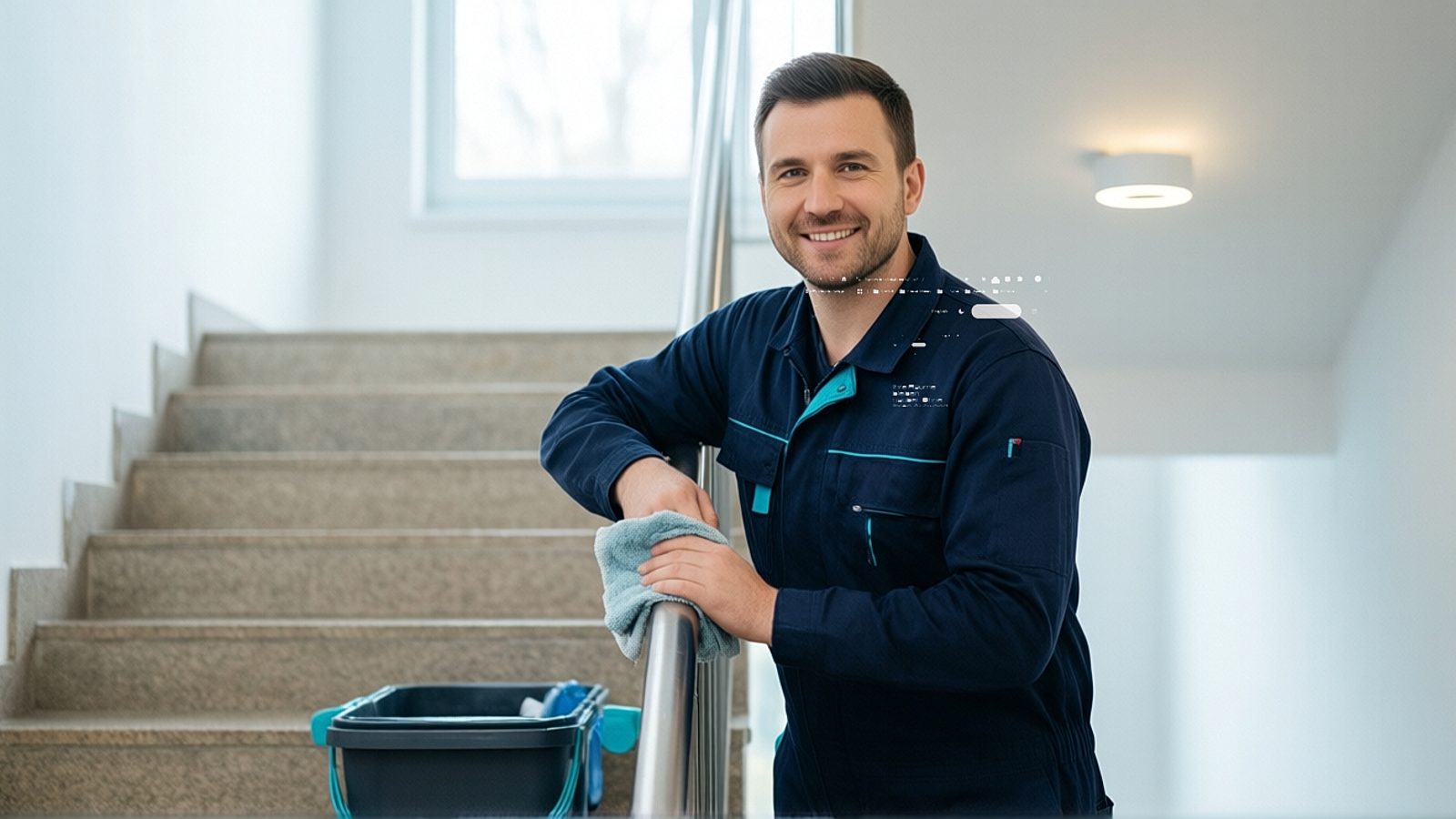 Treppenhausreinigung: gepflegtes Treppenhaus in deutschem Bürogebäude mit blauem Reinigungsequipment